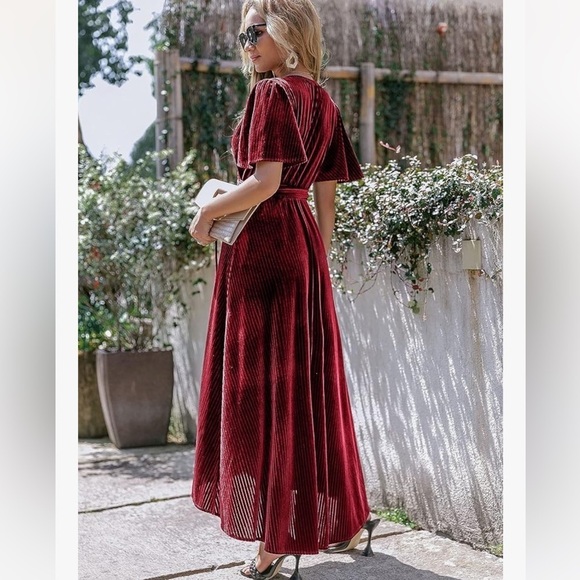 Women’s Red Wine Colored Velvet Wrap Dress - Picture 4 of 4